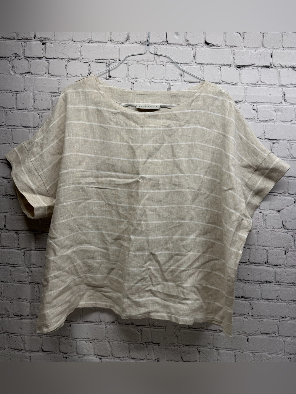 bryn Walker Beige and White Striped Linen Boxy Top Sz 1X